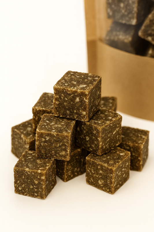 Gardumi suņiem - mencu kubiciņi ar smiltsērkšķi