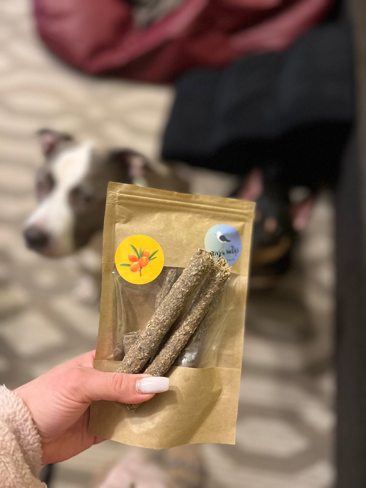 Gardumi suņiem - mencu  stienīši ar smiltsērkšķi, 80g